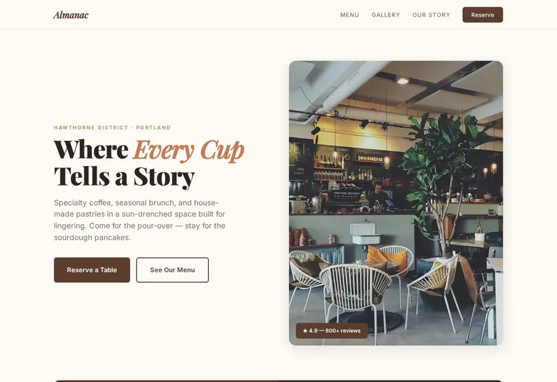 Almanac Café — Hospitality website built by 99Websites